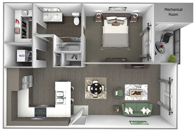 Floor plan for 1 bed, 1 bath, 743 sqft